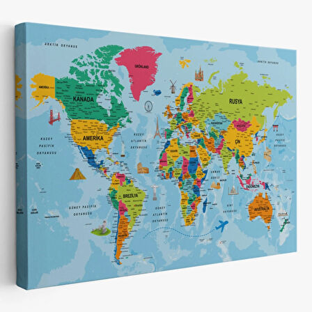 Detaylı Türkçe Dünya Haritası, Harita Dekoratif Kanvas Tablo, Duvar Dekoru 2024