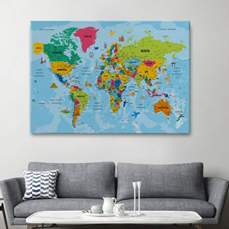 Detaylı Türkçe Dünya Haritası, Harita Dekoratif Kanvas Tablo, Duvar Dekoru 2024