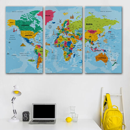 Detaylı Türkçe Dünya Haritası, Harita Dekoratif Kanvas Tablo, Duvar Dekoru 2024