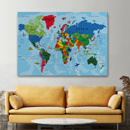 Detaylı İngilizce Dünya Haritası, Harita Dekoratif Kanvas Tablo, Duvar Dekoru 2037