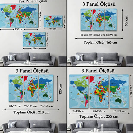 Detaylı İngilizce Dünya Haritası, Harita Dekoratif Kanvas Tablo, Duvar Dekoru 2037