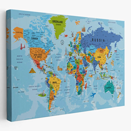 Detaylı İngilizce Dünya Haritası, Harita Dekoratif Kanvas Tablo, Duvar Dekoru 2041