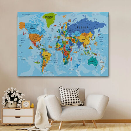 Detaylı İngilizce Dünya Haritası, Harita Dekoratif Kanvas Tablo, Duvar Dekoru 2041