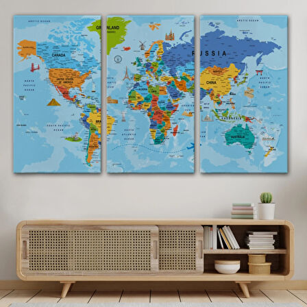 Detaylı İngilizce Dünya Haritası, Harita Dekoratif Kanvas Tablo, Duvar Dekoru 2041