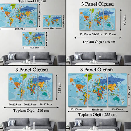 Detaylı İngilizce Dünya Haritası, Harita Dekoratif Kanvas Tablo, Duvar Dekoru 2041