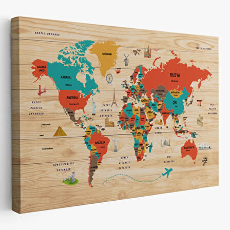 Detaylı Ahşap Görünümlü Türkçe Dünya Haritası Dekoratif Kanvas Tablo, Duvar Dekoru 2070