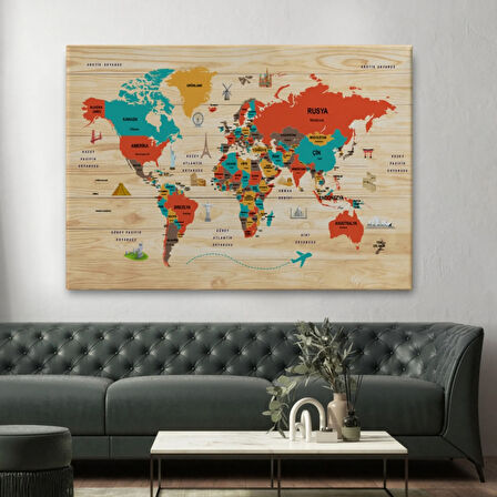 Detaylı Ahşap Görünümlü Türkçe Dünya Haritası Dekoratif Kanvas Tablo, Duvar Dekoru 2070