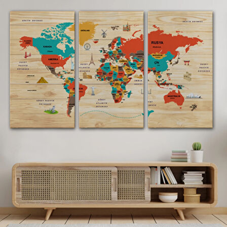Detaylı Ahşap Görünümlü Türkçe Dünya Haritası Dekoratif Kanvas Tablo, Duvar Dekoru 2070