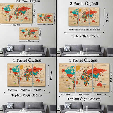 Detaylı Ahşap Görünümlü Türkçe Dünya Haritası Dekoratif Kanvas Tablo, Duvar Dekoru 2070