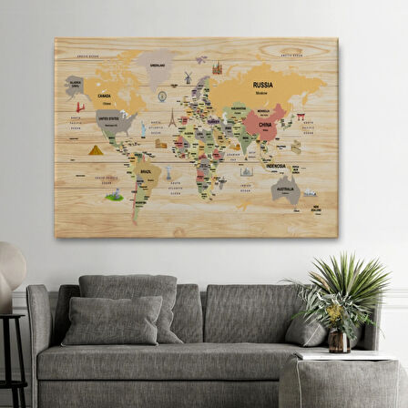 Detaylı Ahşap Görünümlü İngilizce Dünya Haritası Dekoratif Kanvas Tablo, Duvar Dekoru 2083