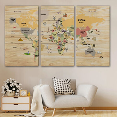 Detaylı Ahşap Görünümlü İngilizce Dünya Haritası Dekoratif Kanvas Tablo, Duvar Dekoru 2083