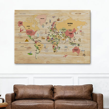 Detaylı Ahşap Görünümlü İngilizce Dünya Haritası Dekoratif Kanvas Tablo, Duvar Dekoru 2089