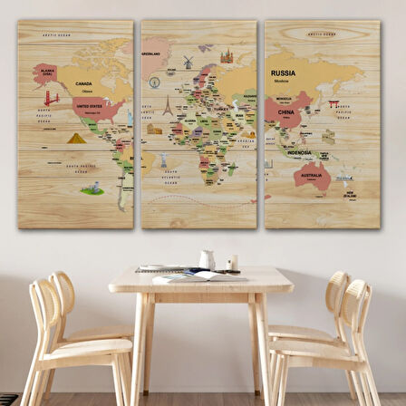 Detaylı Ahşap Görünümlü İngilizce Dünya Haritası Dekoratif Kanvas Tablo, Duvar Dekoru 2089