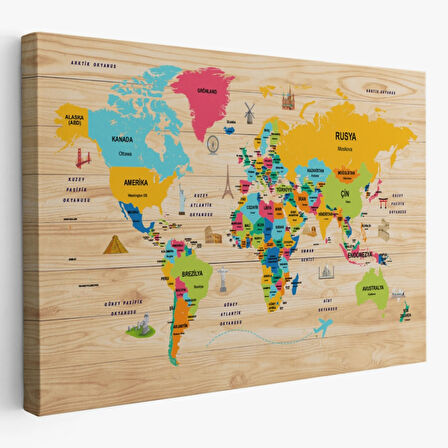 Detaylı Ahşap Görünümlü Türkçe Dünya Haritası Dekoratif Kanvas Tablo, Duvar Dekoru 2096