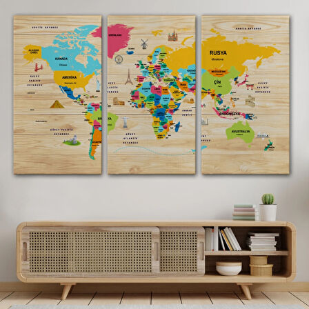 Detaylı Ahşap Görünümlü Türkçe Dünya Haritası Dekoratif Kanvas Tablo, Duvar Dekoru 2096
