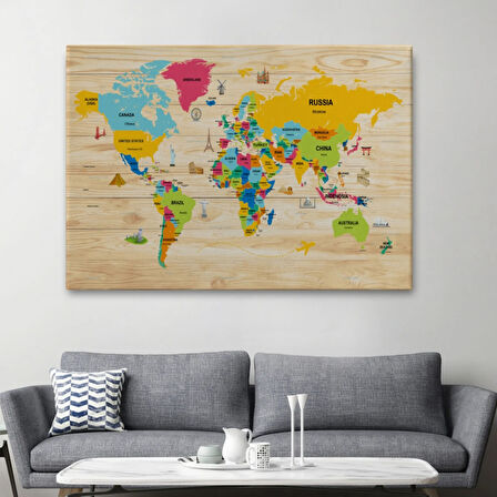 Detaylı Ahşap Görünümlü İngilizce Dünya Haritası Dekoratif Kanvas Tablo, Duvar Dekoru 2097