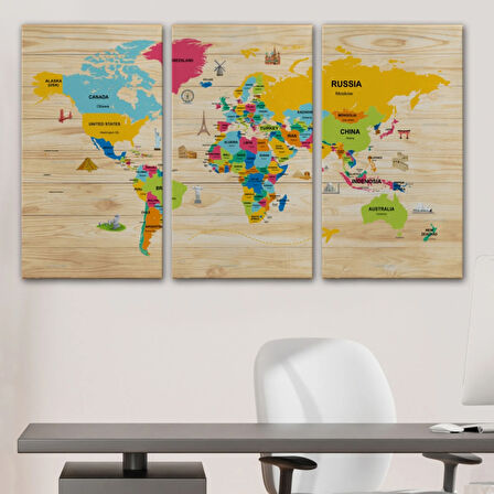 Detaylı Ahşap Görünümlü İngilizce Dünya Haritası Dekoratif Kanvas Tablo, Duvar Dekoru 2097