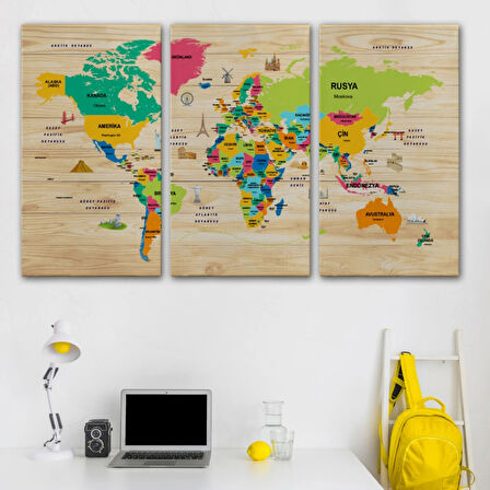 Detaylı Ahşap Görünümlü Türkçe Dünya Haritası Dekoratif Kanvas Tablo, Duvar Dekoru 2098