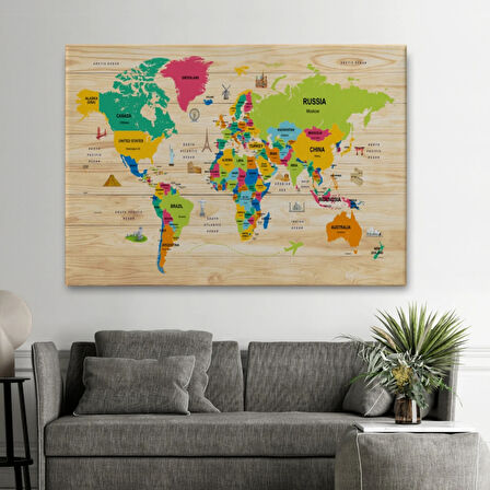 Detaylı Ahşap Görünümlü İngilizce Dünya Haritası Dekoratif Kanvas Tablo, Duvar Dekoru 2099