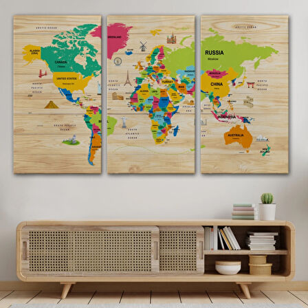 Detaylı Ahşap Görünümlü İngilizce Dünya Haritası Dekoratif Kanvas Tablo, Duvar Dekoru 2099