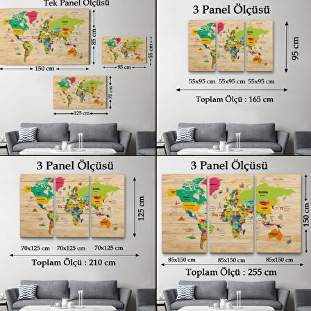 Detaylı Ahşap Görünümlü İngilizce Dünya Haritası Dekoratif Kanvas Tablo, Duvar Dekoru 2099