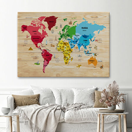 Detaylı Ahşap Görünümlü İngilizce Dünya Haritası Dekoratif Kanvas Tablo, Duvar Dekoru 2107