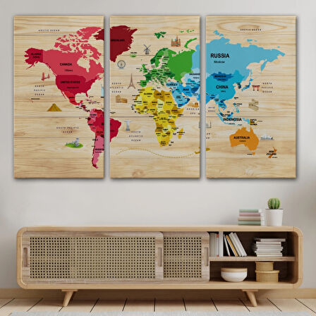 Detaylı Ahşap Görünümlü İngilizce Dünya Haritası Dekoratif Kanvas Tablo, Duvar Dekoru 2107