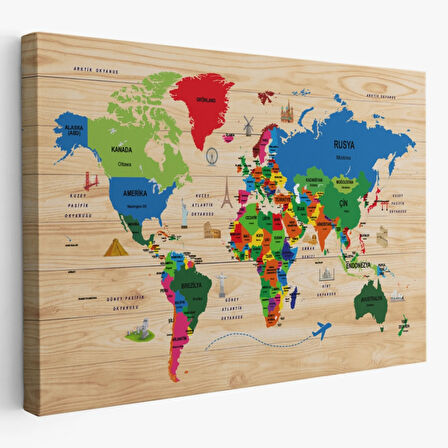 Detaylı Ahşap Görünümlü Türkçe Dünya Haritası Dekoratif Kanvas Tablo, Duvar Dekoru 2110
