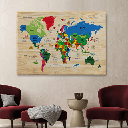 Detaylı Ahşap Görünümlü Türkçe Dünya Haritası Dekoratif Kanvas Tablo, Duvar Dekoru 2110