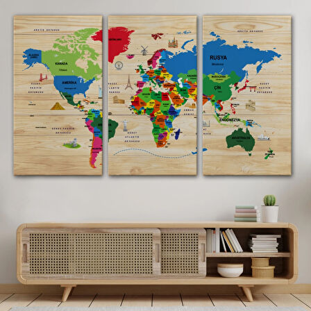 Detaylı Ahşap Görünümlü Türkçe Dünya Haritası Dekoratif Kanvas Tablo, Duvar Dekoru 2110