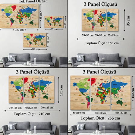 Detaylı Ahşap Görünümlü Türkçe Dünya Haritası Dekoratif Kanvas Tablo, Duvar Dekoru 2110