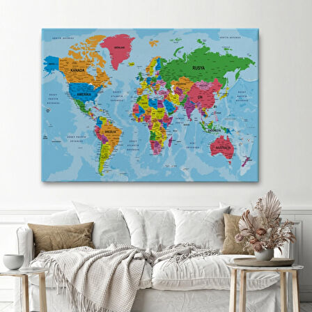 Detaylı Okyanuslu Türkçe Dünya Haritası, Harita Dekoratif Kanvas Tablo, Duvar Dekoru 2130