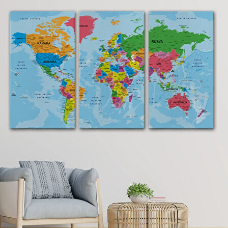 Detaylı Okyanuslu Türkçe Dünya Haritası, Harita Dekoratif Kanvas Tablo, Duvar Dekoru 2130