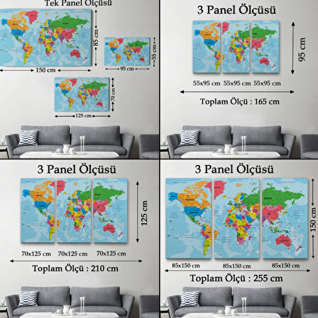 Detaylı Okyanuslu Türkçe Dünya Haritası, Harita Dekoratif Kanvas Tablo, Duvar Dekoru 2130