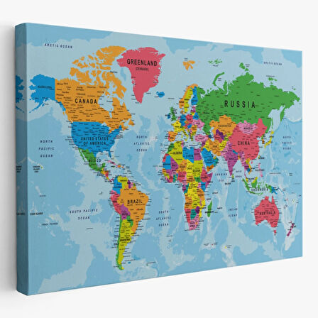 Detaylı Okyanuslu İngilizce Dünya Haritası, Harita Dekoratif Kanvas Tablo, Duvar Dekoru 2131