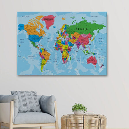 Detaylı Okyanuslu İngilizce Dünya Haritası, Harita Dekoratif Kanvas Tablo, Duvar Dekoru 2131