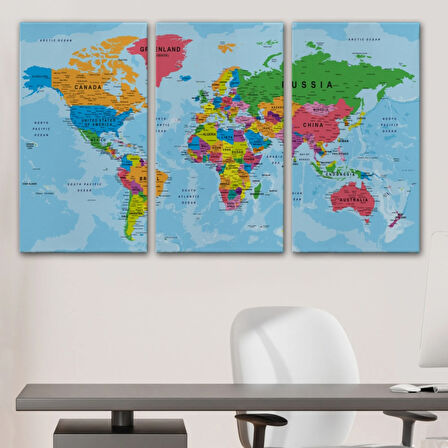 Detaylı Okyanuslu İngilizce Dünya Haritası, Harita Dekoratif Kanvas Tablo, Duvar Dekoru 2131