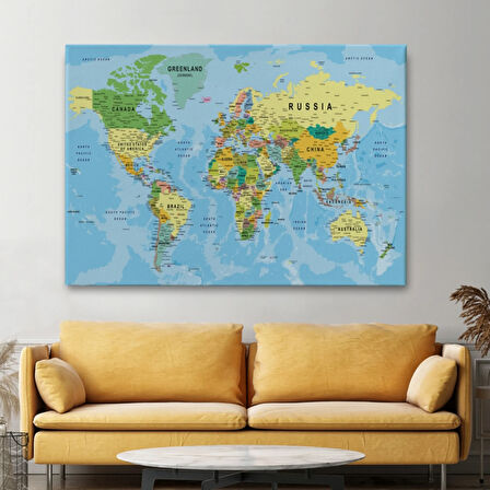 Detaylı Okyanuslu İngilizce Dünya Haritası, Harita Dekoratif Kanvas Tablo, Duvar Dekoru 2151