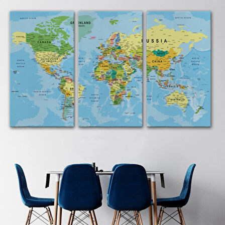 Detaylı Okyanuslu İngilizce Dünya Haritası, Harita Dekoratif Kanvas Tablo, Duvar Dekoru 2151