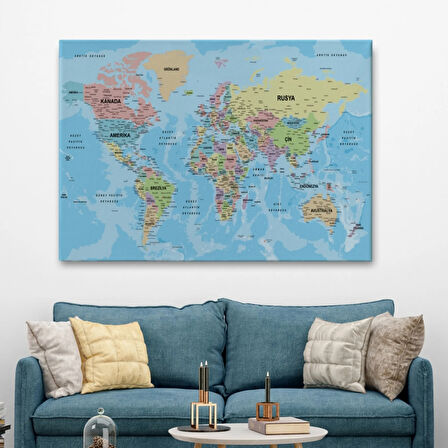 Okyanuslu Detaylı Eğitici Türkçe Dünya Haritası Dekoratif Kanvas Tablo, Duvar Dekoru 2160