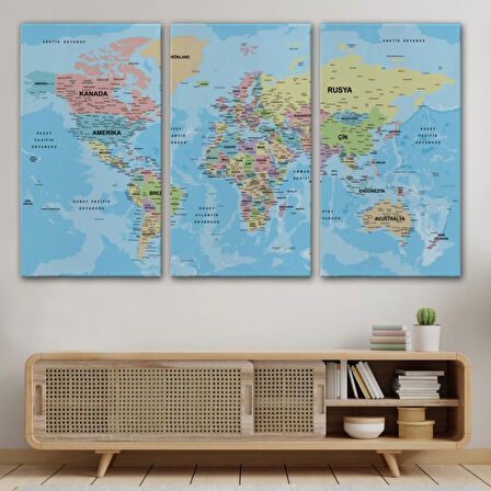 Okyanuslu Detaylı Eğitici Türkçe Dünya Haritası Dekoratif Kanvas Tablo, Duvar Dekoru 2160
