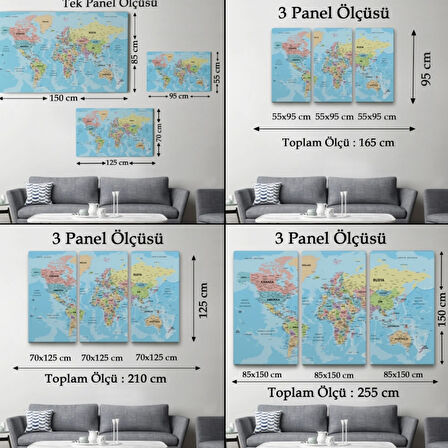 Okyanuslu Detaylı Eğitici Türkçe Dünya Haritası Dekoratif Kanvas Tablo, Duvar Dekoru 2160