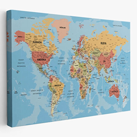 Detaylı Okyanuslu İngilizce Dünya Haritası, Harita Dekoratif Kanvas Tablo, Duvar Dekoru 2162