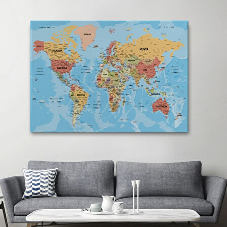 Detaylı Okyanuslu İngilizce Dünya Haritası, Harita Dekoratif Kanvas Tablo, Duvar Dekoru 2162