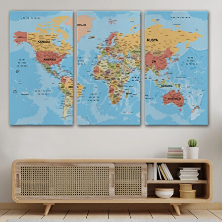 Detaylı Okyanuslu İngilizce Dünya Haritası, Harita Dekoratif Kanvas Tablo, Duvar Dekoru 2162