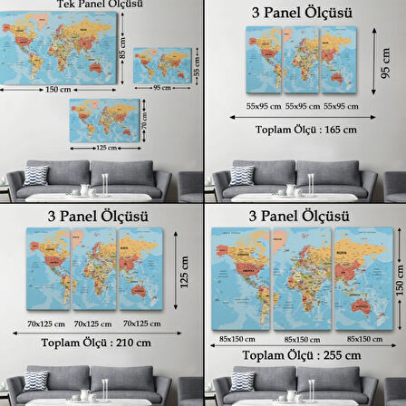 Detaylı Okyanuslu İngilizce Dünya Haritası, Harita Dekoratif Kanvas Tablo, Duvar Dekoru 2162