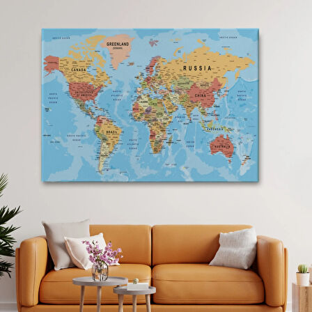 Detaylı Okyanuslu İngilizce Dünya Haritası, Harita Dekoratif Kanvas Tablo, Duvar Dekoru 2163