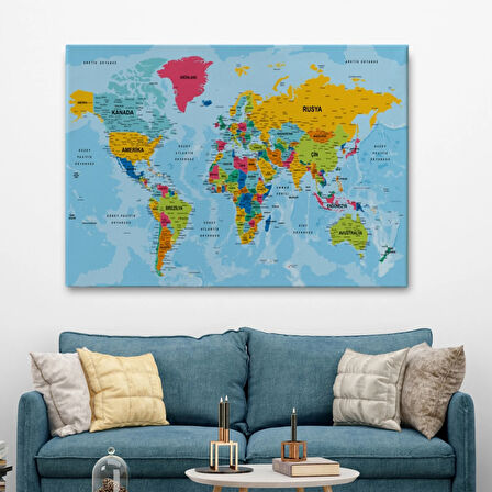 Detaylı Okyanuslu Türkçe Dünya Haritası, Harita Dekoratif Kanvas Tablo, Duvar Dekoru 2170