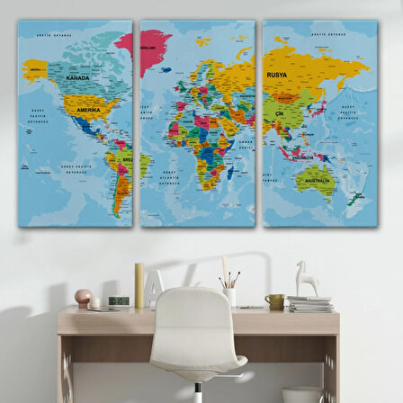 Detaylı Okyanuslu Türkçe Dünya Haritası, Harita Dekoratif Kanvas Tablo, Duvar Dekoru 2170