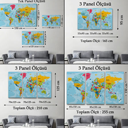 Detaylı Okyanuslu Türkçe Dünya Haritası, Harita Dekoratif Kanvas Tablo, Duvar Dekoru 2170